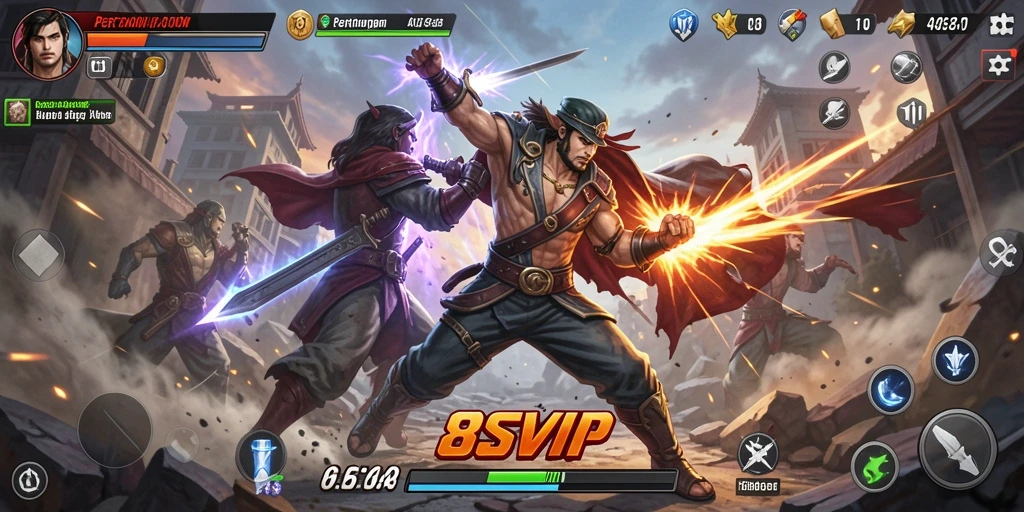 Tangkapan layar 8SVIP menampilkan aksi seru dalam pertarungan.