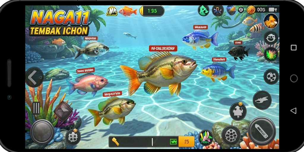 Screenshot utama NAGA11 menampilkan aksi seru dalam Tembak Ikan.