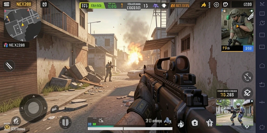 Tangkapan layar gameplay NEX288 menunjukkan aksi tembak-menembak yang seru.