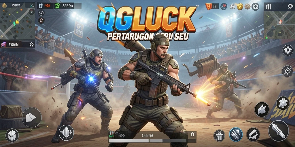 Tangkapan layar gameplay QGLUCK menampilkan aksi Battle Royale yang mendebarkan.
