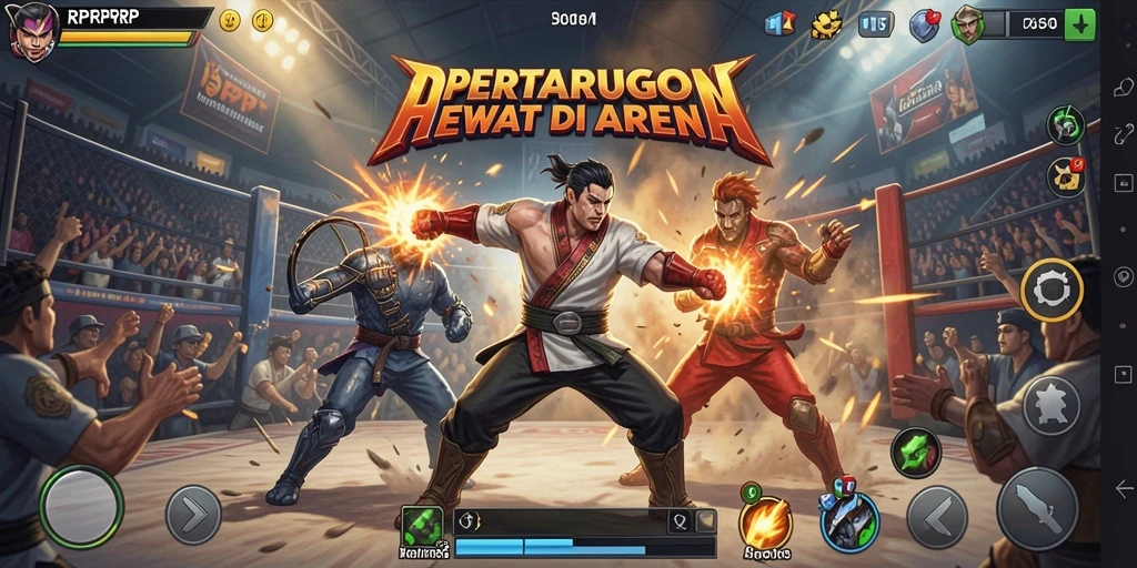 Screenshot gameplay menampilkan karakter bertarung di arena.