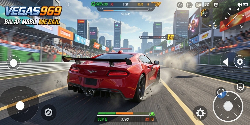 Tampilan gameplay balap mobil yang cepat dan mendebarkan.