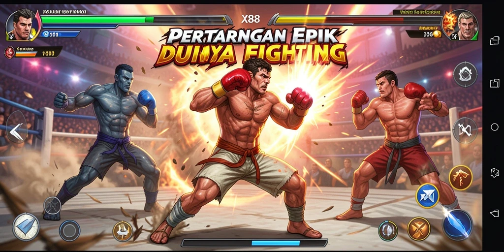 Screenshot gameplay X88 menunjukkan aksi pertarungan yang mendebarkan.